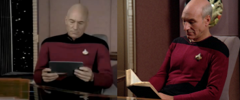 Captain Picard often had his nose in a traditional book, particularly the works of Shakespeare. © Paramount Studios. 